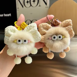 Cute Plush Big Eyes Monster Keychain With Bow Knot For Girls Women School Bag Charm Ornaments Metal Bell Faux Fur Pendant