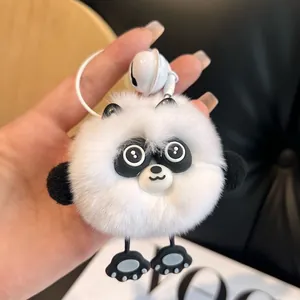 Cute panda plush keychain made of fluffy fur with white bell and strap accessory