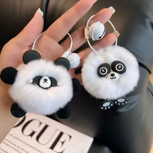 Cute giant panda plush pompom keychain with soft faux fur and decorative white bell