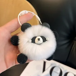 Cute real rabbit fur panda plush keychain for handbags with luxury metal clip