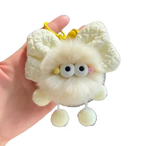 Plush creative fluffy keychain with white bowknot and cute cartoon coal ball eyes charm