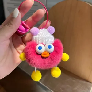 Cute pink plush duck keychain with knit hat and bell for handbag or car key decoration