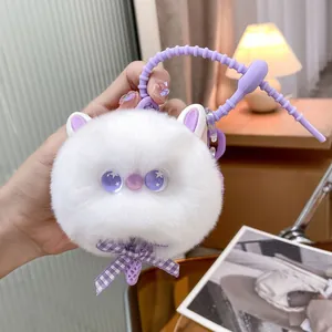 Cute white plush kitten keychain with purple eyes and plaid bow for bags and keys