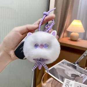 Cute white plush kitten keychain with purple eyes and plaid bow for bags and car keys