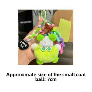 Macro detail of 7cm fluorescent green plush keychain with hat and heart LOVE YA tag