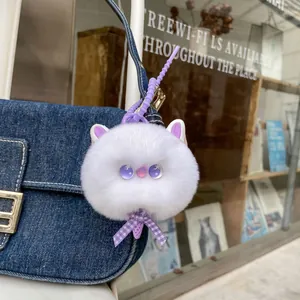 Cute Cat Real Rabbit Fur Keychain Plush Pompom Bag Charm Dreamy White Kitten Head Ornament For Women Girls Car Keyring Gift