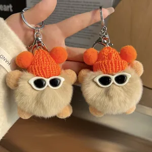 Porte-clés Boule de Peluche Mignon Avec Lunettes de Soleil Et Bonnet Tricoté Pendentif de Sac en Fausse Fourrure Cadeau pour Femmes