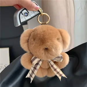 Cute Rex Rabbit Fur Bear Keychain Plush Animal Bag Pendant With Plaid Bowknot Metal Ring Soft Bear Doll Gift For Car Bag