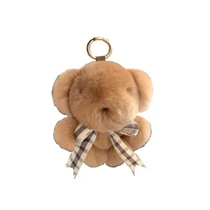 Cute light brown rex rabbit fur bear keychain with a plaid bow and golden metal ring
