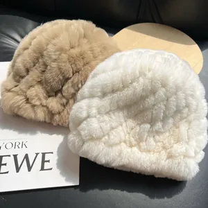Women Winter Real Rex Rabbit Fur Hat Thickened Warm Ear Protection Furry Knitted Beanie Soft Plush Fashion Outdoor Cap