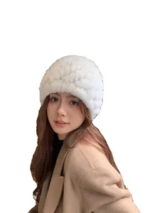 White rabbit fur hat for women with thick warm plush knit for winter protection