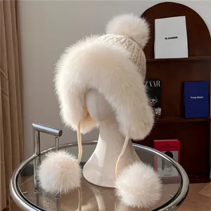 Colbacco In Pelliccia Di Volpe Da Donna Cappello In Maglia Con Protezione Per Le Orecchie E Pompon Caldo Foderato In Pile