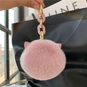 Cute Real Rex Rabbit Fur Cat Ears Keychain Pendant Plush Fur Ball Bag Charm For Women Girls Gift With Resin Chain Metal Hook