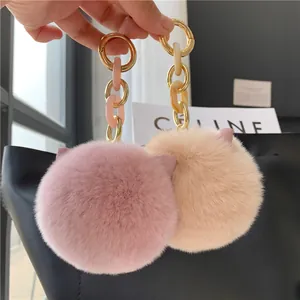 Cute faux rabbit fur cat ear pompom keychain with stylish resin chain for bags