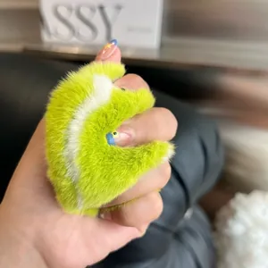 Fluorescent green tennis ball faux rabbit fur plush keychain for car keys and bags