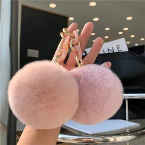 Plush cat ear faux fur charms with golden metal and resin chain for bags and keys
