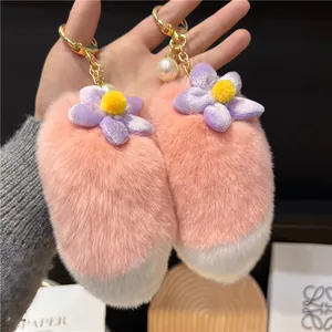 Cute Rex Rabbit Fur Tail Keychain Plush Tail Bag Charm With Purple Flower Artificial Pearl Soft Pom Pom Backpack Accessory Women Gift