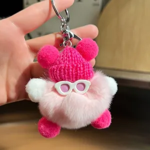 Porte-clés mignon en fausse fourrure de lapin rose avec bonnet tricoté et lunettes rondes