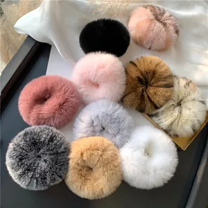 Real Rex Rabbit Fur Hair Scrunchie Soft Plush Large Elastic Hair Tie For Women Autumn Winter Fashion Hair Accessories