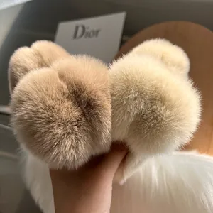 Large fluffy rex rabbit fur hair claw clip in beige and light brown for winter style