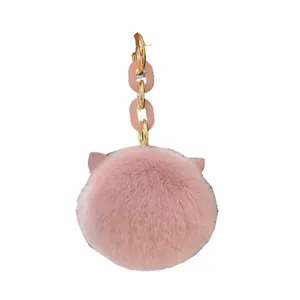 Pink faux rabbit fur cat ear keychain with plush ball and golden lobster clasp