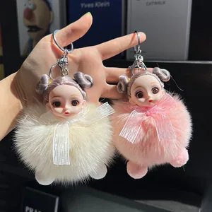 Cute Rex Rabbit Fur Doll Head Pom-Pom Keychain Bag Charm With Bow Knot Furry Doll Toy Key Ring Pendant Ornament For Women