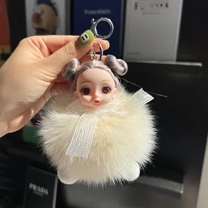 Cute real fox fur doll keychain with fluffy beige pompom and silver lobster clasp