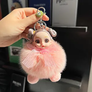 Pink real fox fur doll keychain with fluffy plush pom pom and silver metal ring