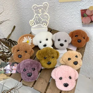 Group shot of colorful wool teddy dog plush keychains in 8 different pastel shades