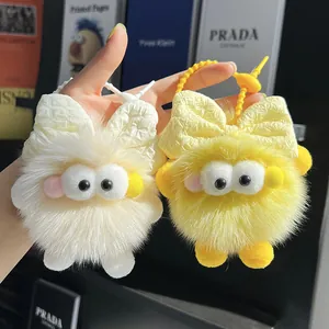 Schattige Vossenvacht Monster Pluche Sleutelhanger Met Strik Grote Ogen Pluizige Bal Tas Hanger Voor Rugzak Autosleutel