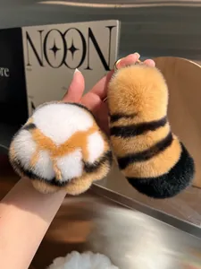 Cute fluffy rabbit fur tiger tail and paw keychain accessory for bags with gold ring