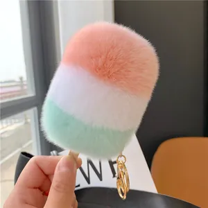 Süßer Schlüsselanhänger Mit Rex-Kaninchenfell Eiscreme Mehrfarbig Plüsch Eisstiel Taschenanhänger Für Damen Auto Schlüsselring Deko