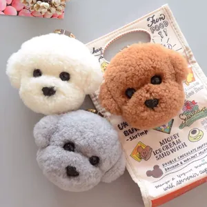 Tre portachiavi in peluche cane Bichon Teddy bianco, marrone e grigio con ganci in metallo