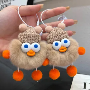 Rex Rabbit Fur Cute Duck Monster Plush Keychain With Knitted Hat And Bell Soft Animal Toy Bag Pendant Car Key Ring For Women Girls Gift