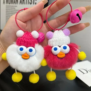 Cute rex rabbit fur duck keychain with knitted hat and colorful bell for bags
