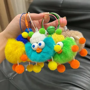 Cute faux rabbit fur monster keychains with big eyes and colorful knit caps