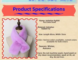 Detail view of purple faux rabbit fur scarf showing 80x10cm size and washing care guide