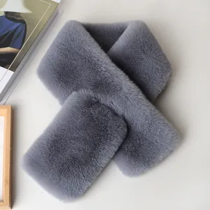 Detailed close-up of soft grey faux fur scarf texture showing thick plush material