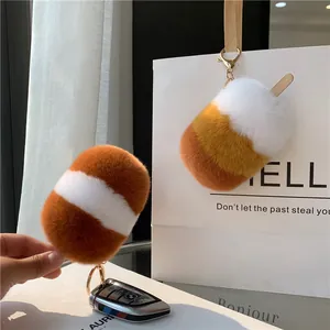 Plüsch-Eiscreme-Schlüsselanhänger aus buntem Kaninchenfell mit goldenem Ring für Taschen