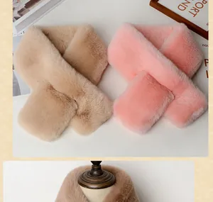 Detail of cross-slot faux fur scarf in light coffee and pink with thick plush texture
