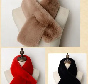 Detailed plush texture of thick faux fur scarves in khaki, red, and black colors