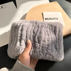 Thick elastic grey faux fur headband scarf with soft vertical pleated texture