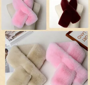 Detailed view of plush faux rabbit fur cross scarves in pink, burgundy, and beige colors