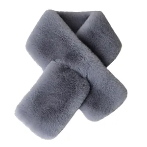 Thick grey faux fur cross-through winter scarf with soft plush texture for warmth