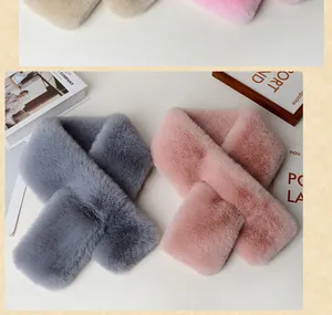 Detail of grey and pink faux rabbit fur scarves with soft texture and cross-over design