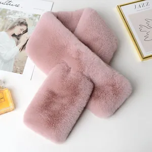 Faux fur thick plush winter scarf in light pink with crisscross fastening design