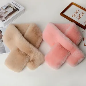 Women Faux Rex Rabbit Fur Cross Scarf Winter Thickened Warm Soft Fluffy Plush Neck Warmer Solid Color Fashion Accessory