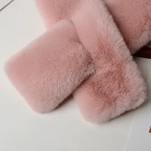 Pink faux rabbit fur cross scarf for women, soft thick winter neck warmer shawl wrap