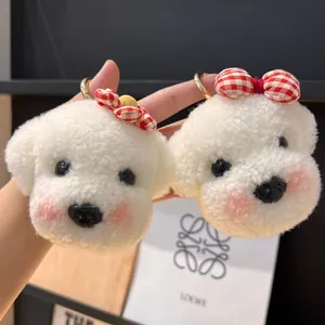 Mignon Porte-Clés Chiot en Peluche Laine Charme de Sac pour Femmes Accessoire de Voiture Nœud Fleur Décor Cadeau Chien Blanc