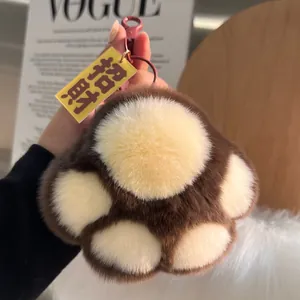 Cute Bear Paw Keychain Real Rex Rabbit Fur Bag Charm Soft Plush Bear Claw Pendant With Metal Clasp Key Ring For Women Bag Accessories Gift
